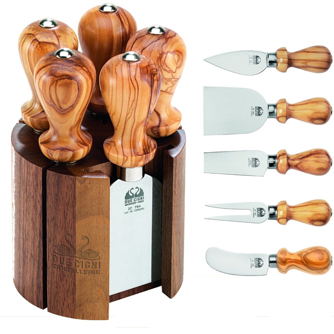 Set mini ceppo Due Cigni in olivo con 5 coltelli da formaggio 2C 300